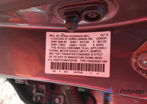 2019 Honda Civic Si from USA, damaged, VIN 2HGFC1E54KH705198
